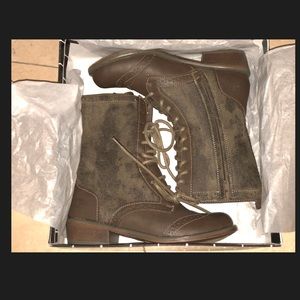 Brown faux leather and suede combat boots
